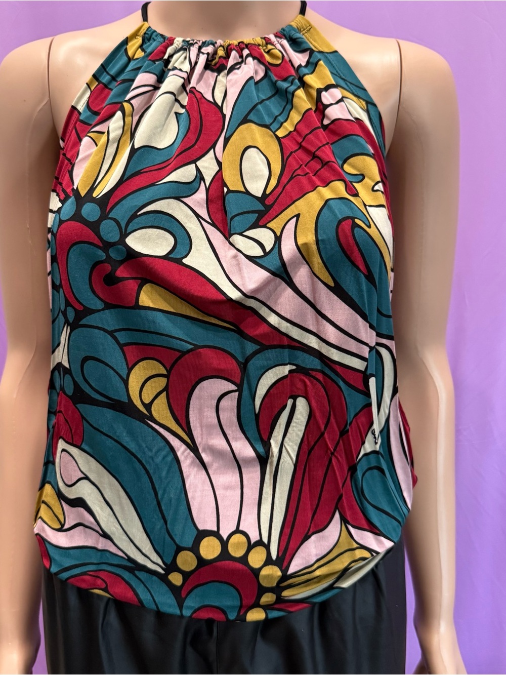 DTA Multi-Color Halter Top Pink Teal Red Open Back Festival Blouse BL99534 Small